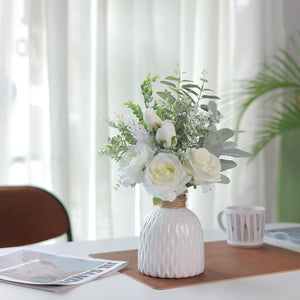 Artificial Flowers with Ceramic Vase,Faux Silk Roses and Fake Plant Eucalyptus in Vase (White)