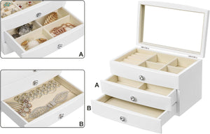 3-Tier Wooden Jewelry Case, Jewelry Organizer with Large Mirror, for Rings, Necklaces, White