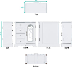 Jewelry Box - Made of Solid Wood with 4 Drawers Organizer and Built-in Necklace Carousel and Large Mirror White