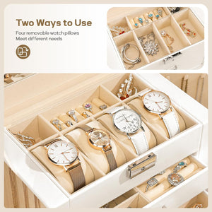 Synthetic Leather Huge Jewelry Box Mirrored Watch Organizer Necklace Ring Earring Storage Lockable Gift Case (White)