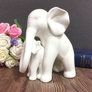 White Porcelain Mother and Baby Elephant Statue/Figurine in High Gloss Finish