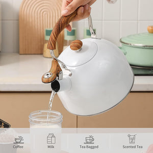 2.5 Quart Whistling Tea Kettle, Food Grade Stainless Steel with Wood Pattern Folding Handle - White