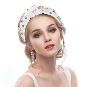 Pearl Knotted Headband, Women Rhinestone Embellished Hairband Elegant Wide Top Knot Bride Headbands