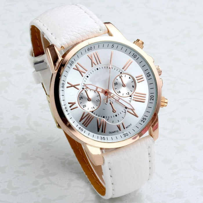 Fashion Women's Analog Watch, PU Leather Band Rose Gold Tone - White