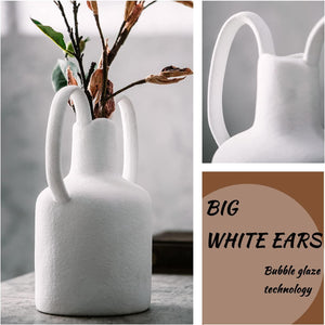 Matte White Terracotta Rustic Pottery Vase, Minimalist Clay Decorative Vase with 2 Handles, 10-Inch