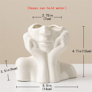 White Ceramic Face Vase, Female Form Head Half Body Bust Vases Boho Modern Nordic Style Flower Vase