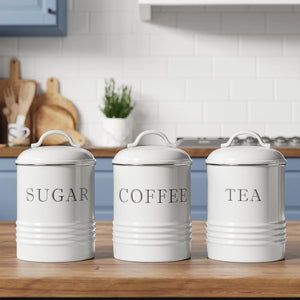 White Vintage Canister Sets for Kitchen Counter, Rustic Farmhouse Decor, Coffee Tea Sugar Set