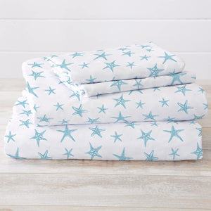 Printed Coastal Microfiber Bed Sheets. Wrinkle Free, Deep Pockets, Beach Theme Sheet Set. Newport Collection (Queen, Starfish - Blue)