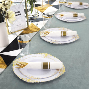 350PCS White and Gold Plastic Plates & Pre Rolled Napkins with Plastic Cutlery for 50 Guests