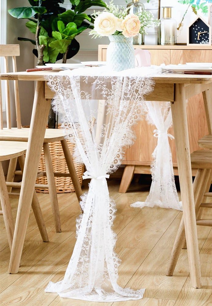 White Lace Table Runner Rustic Chic Tabletop Wedding Reception Decor, 30x120 inches