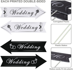 Set of 6 Wedding Directional Yard Signs with Stakes, This Way Arrow Black & White