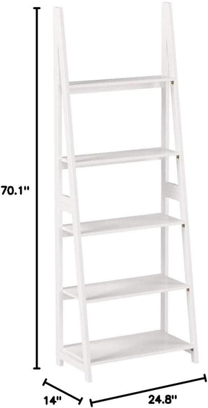 Modern 5-Tier Ladder Bookshelf Organizer, Solid Rubberwood Frame, White