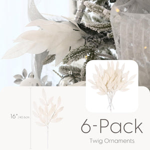 6-Pack Artificial Glitter Leaf Ornaments, Decorative Sticks, Glittery Twigs, Stems, Picks, White
