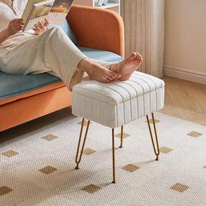 Velvet Stool Chair with Storage Space, Footrest Footstool Ottoman, Small Side Table, with 4 Metal Legs, with Anti-Slip Feet