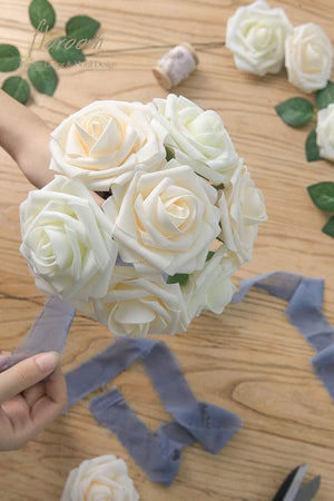 25pcs Real Looking Ivory Foam Fake Roses with Stems for DIY Wedding Bouquets