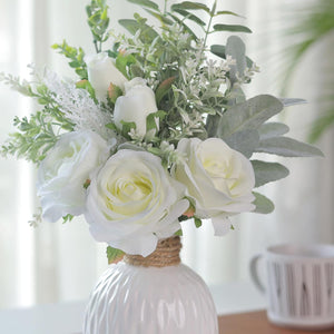 Artificial Flowers with Ceramic Vase,Faux Silk Roses and Fake Plant Eucalyptus in Vase (White)