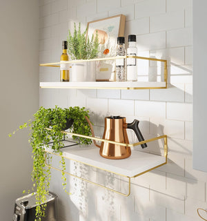 White Floating Shelves Set of 2, Bathroom Shelves Wall Mounted with Towel Bar, Gold