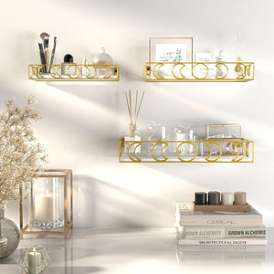 Moon Phase Floating Shelf Gold, Set of 3 Small Shelves for Crystal Display, White Board