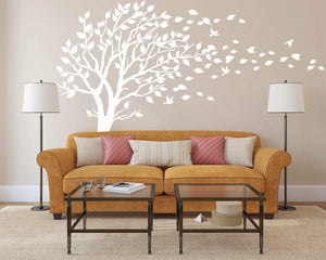 White Tree Wall Decals Leaves Blowing in The Wind Tree Wall Sticker Vinyl Art Kids