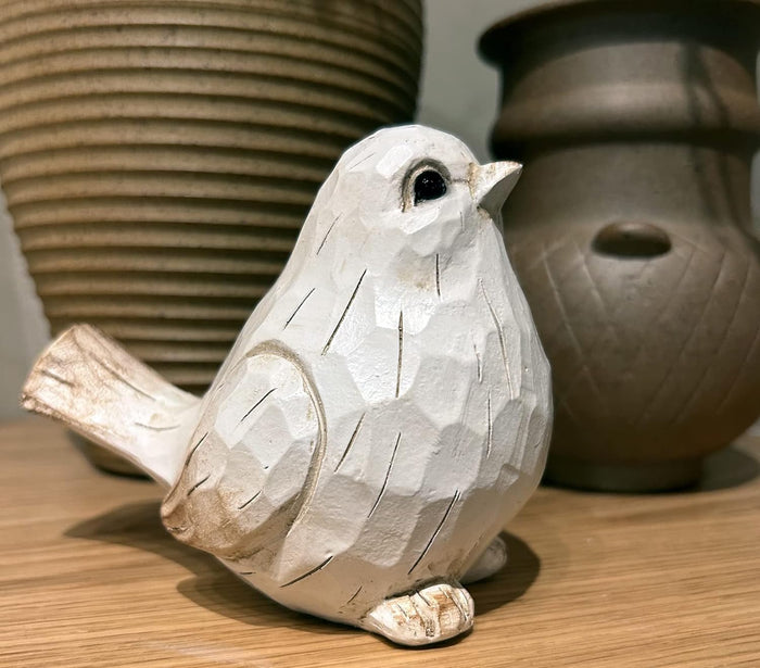 White Modern Farmhouse Bird Figurine, Bird Statue Sculpture - Carved Rustic Distressed