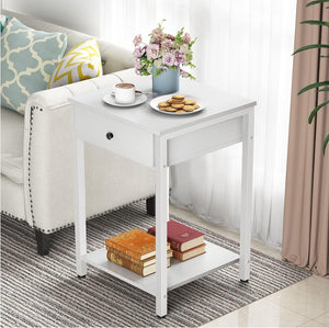 Nightstand White End Side Table with Drawer and Storage Shelf, Easy Assembly, White