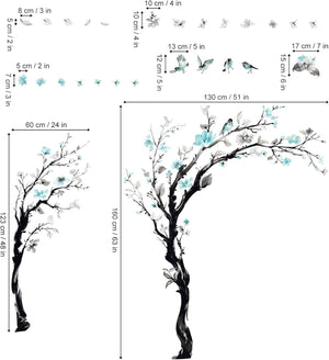 Large Watercolor Tree Wall Decals Blue Flower Branch Wall Stickers