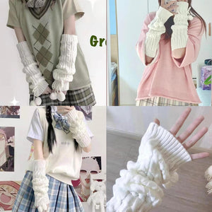 Leg Warmers Harajuku with Lace Button Knit Japanese Style Kawaii Lolita Gothic Flared and Loose Fit, White