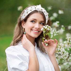 Pearl Knotted Headband, Women Rhinestone Embellished Hairband Elegant Wide Top Knot Bride Headbands