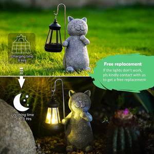 Solar Garden Statue Cat Figurine- Garden Art with Solar Lantern, Loving Cat for Patio Garden Mom Grandma