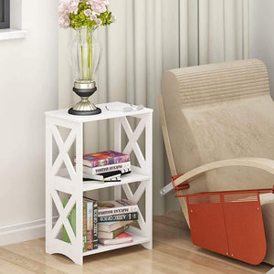 End Bedside Table 3 Tier, White, Bathroom Nightstand Shelf for Small Spaces
