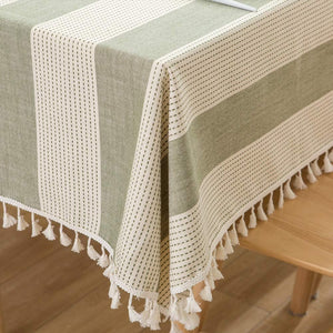 Heavy Duty Cotton Linen Tablecloth for Rectangle Table Stitching Tassel Table Cloth (55"x70", Green)