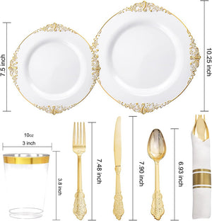 350PCS White and Gold Plastic Plates & Pre Rolled Napkins with Plastic Cutlery for 50 Guests