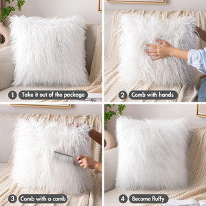 Pack of 2 Decorative Faux Fur Throw Pillow Covers, White, 20 x 20 Inch