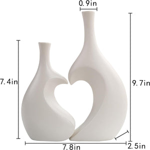 White Ceramic Vase Set of 2, Heart Shaped Matte Frosted Texture Finish,Farmhouse Decor