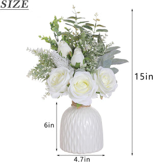 Artificial Flowers with Ceramic Vase,Faux Silk Roses and Fake Plant Eucalyptus in Vase (White)