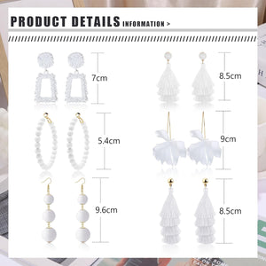 6 Pairs Tassel Earrings Raffia Earrings Statement Earrings Dangle Geometric, White Tone