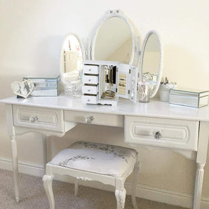 Jewelry Box - Made of Solid Wood with 4 Drawers Organizer and Built-in Necklace Carousel and Large Mirror White