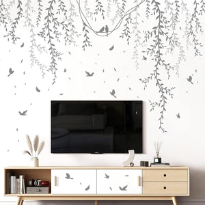 Hanging Willow Branch Wall Stickers DIY Grey Vine Leaf Plant Wall Decals Peel and Stick