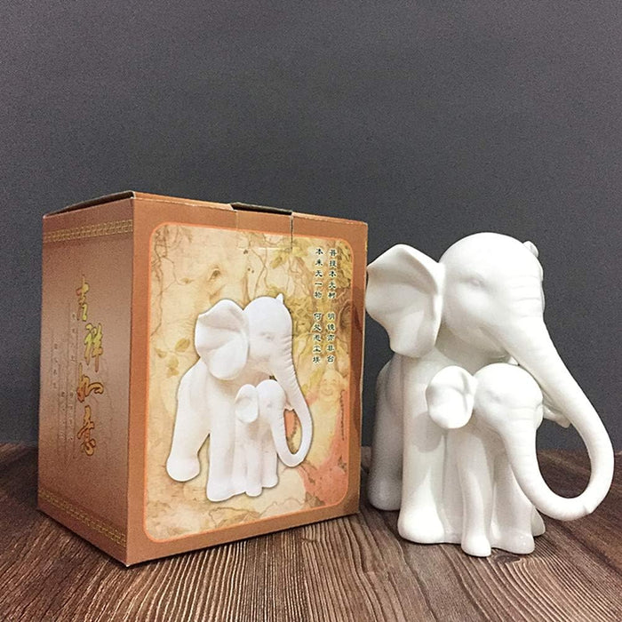 White Porcelain Mother and Baby Elephant Statue/Figurine in High Gloss Finish