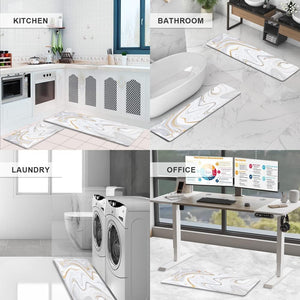2 Pieces White Marble Waterproof Cushioned Kitchen Rugs Set PVC Leather Runner Non-Slip Anti Fatigue
