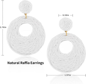 Statement Raffia Circle Earrings, Boho Rattan Earrings for Women - Handwoven Straw