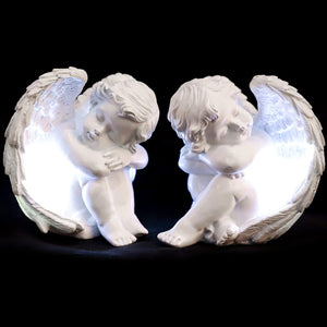 Set of 2 Sleepy Time Little Angel with Light Cupid Garden Statue Home Decor