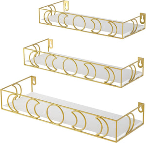 Moon Phase Floating Shelf Gold, Set of 3 Small Shelves for Crystal Display, White Board