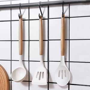 6Pcs Non-Stick Silicone Cooking Kitchen Utensil Spatula Set, Heat Resistant Wooden Handle Kitchen Gadget