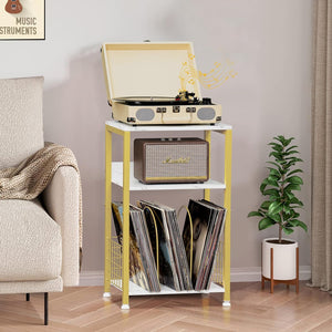 Side Table,White Marble Night Stand with Golden Metal Frame, 3 Tier Industrial Wooden Record Player Stand