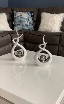 Modern Abstract Art Ceramic Statue Table Decorations for Dining Room Living Room Office Centerpiece, White and Silver