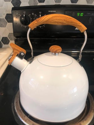 2.5 Quart Whistling Tea Kettle, Food Grade Stainless Steel with Wood Pattern Folding Handle - White
