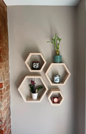 Set of 4 Natural Premium Wooden Honeycomb Floating Shelves Farmhouse Decorative Wall Decor