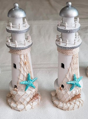 Global White Handmade and Crafted Wooden Lighthouse Decoration with Starfish, 14-Inches