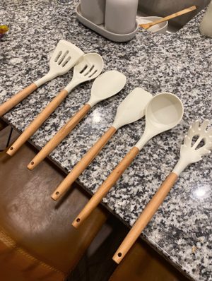 6Pcs Non-Stick Silicone Cooking Kitchen Utensil Spatula Set, Heat Resistant Wooden Handle Kitchen Gadget